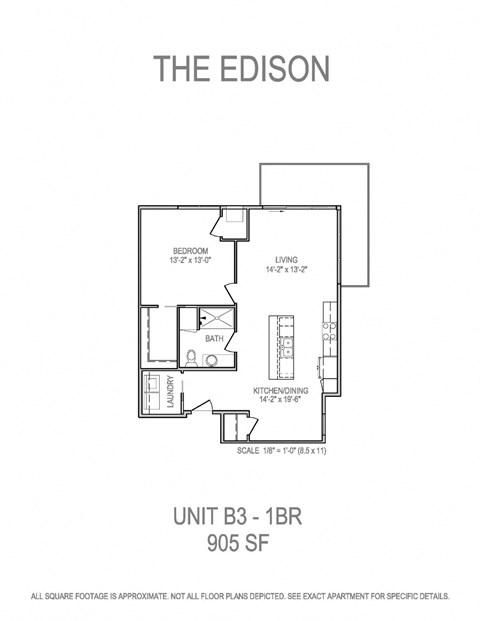 Floor plan for 1 bed, 1 bath, 905 sqft